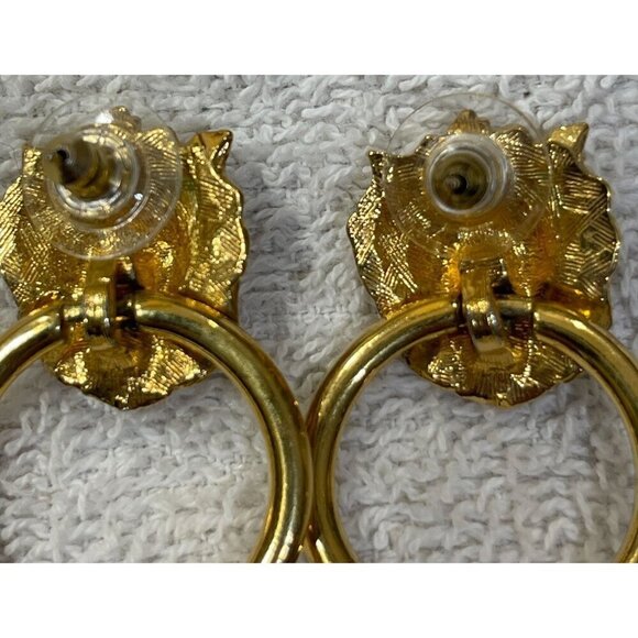 VTG Gold Tone Lion Door Knocker Earrings Post Pierced Statement - Picture 5 of 5